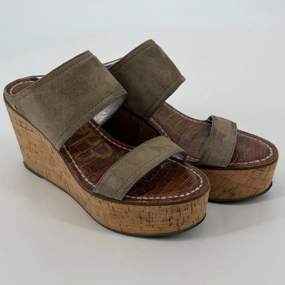 Sam Edelman Dali Taupe Suede Cork Platform Wedge Sandals‎ Womens 8.5M